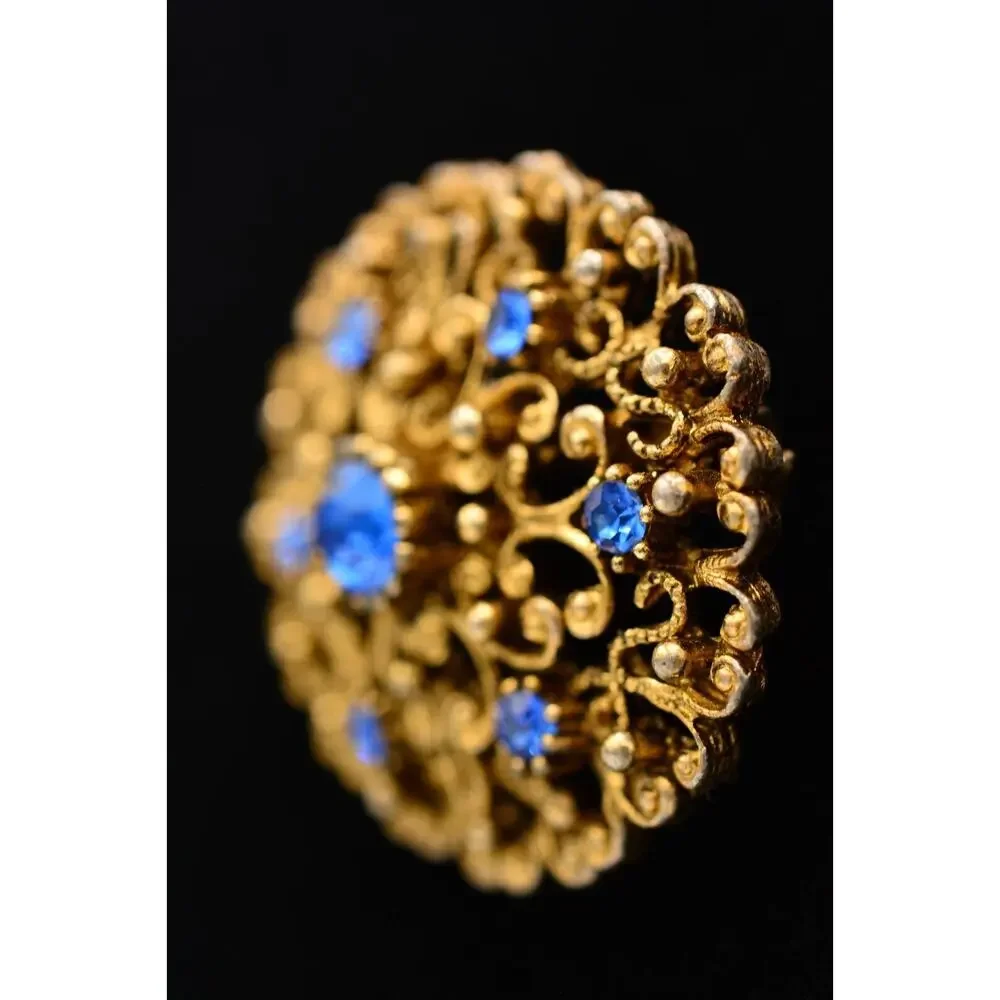 JJ Vintage Pin Brooch Blue Rhinestone Crystal Antiqued Gold Signed 1980s Bin7